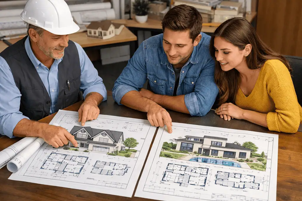 young couple looking at plans for homes purposely made for co-living investing