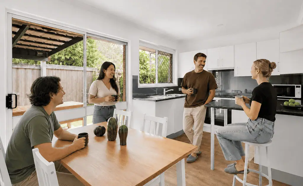 A group of tenants drink coffee in the kitchen of a co-living property due to changing rental market trends.
