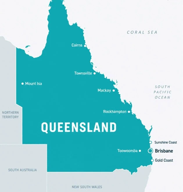 map of Queensland where specific class 1b building requirements are needed for coliving homes